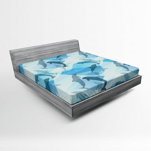 Ambesonne Dolphin Fitted Sheet, Underwater Fish Pattern, Queen Size, Blue and Grey