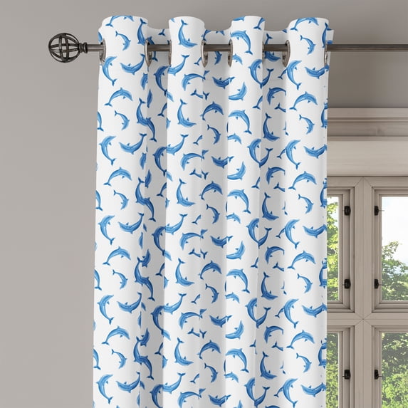 Ambesonne Dolphin Grommet Curtain Single Panel, Wildlife Under the Sea, 50"x60", Blue White