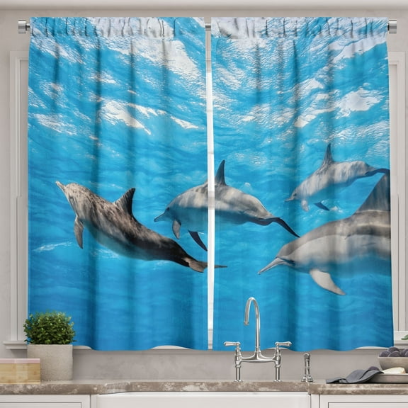 Ambesonne Dolphin Kitchen Curtains, Happily Swimming Fish, 55"x39", Blue Grey