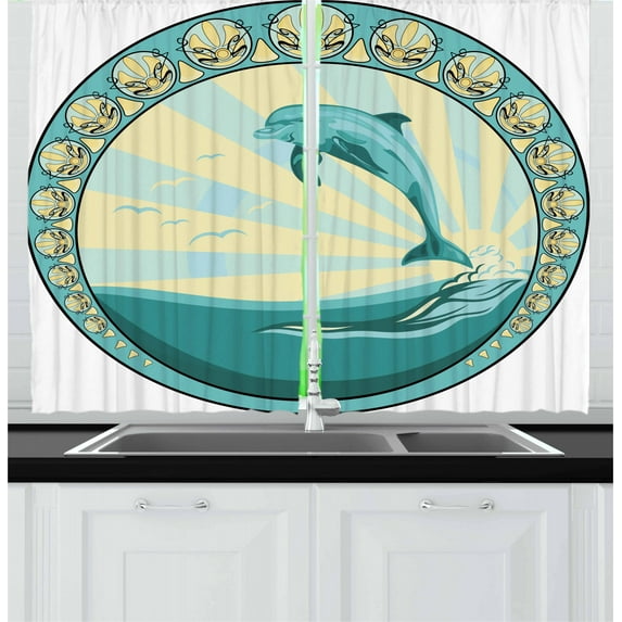 Ambesonne Dolphin Kitchen Curtains, Mammal Jumping out Sea, 55"x39", Teal Yellow Black