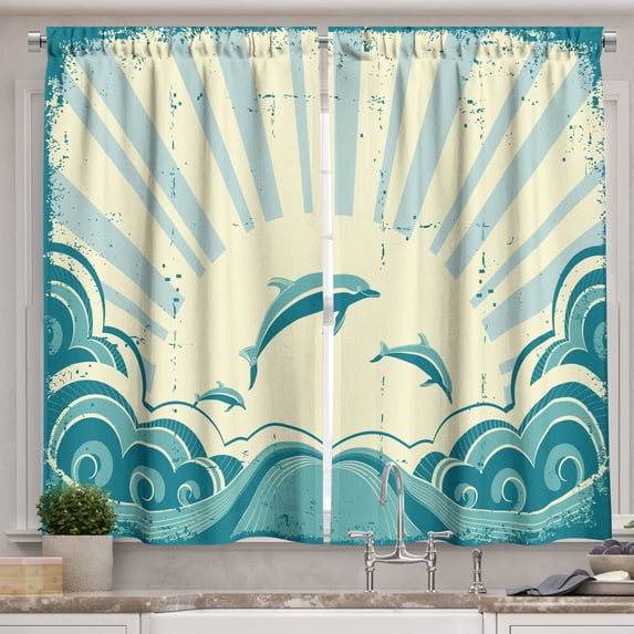 Ambesonne Dolphin Kitchen Curtains, Nautical Inspirations, 55"x39", Teal Pale Yellow