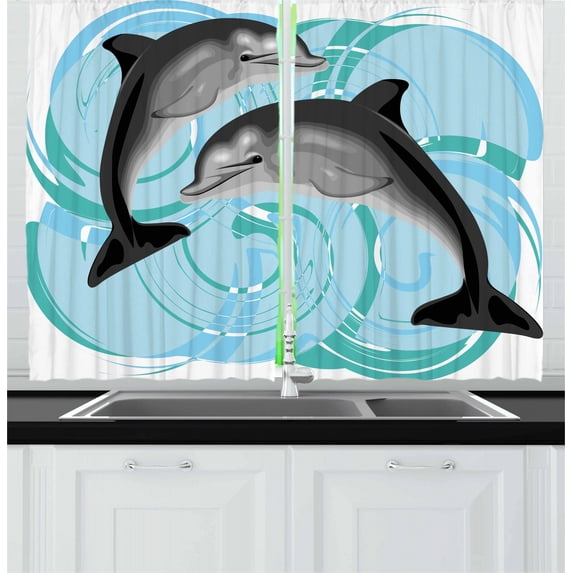 Ambesonne Dolphin Kitchen Curtains, Nautical Life Theme, 55"x39", Multicolor