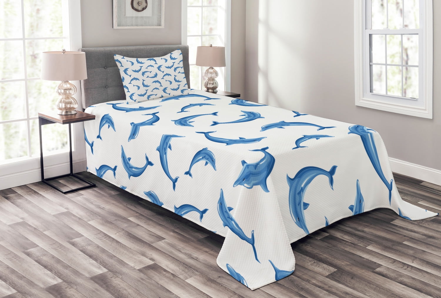 Twin White and Blue Dolphin Quilted Bedspread Set