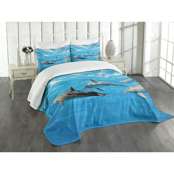 Ambesonne Dolphin Quilted Bedspread Set 3 Pcs, Happily Swimming Fish, King Size, Blue Grey