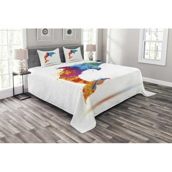 Ambesonne Dolphin Quilted Bedspread Set 3 Pcs, Vibrant Ocean Mammal, King Size, Multicolor