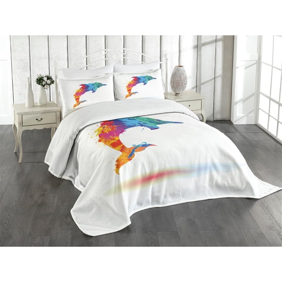 Ambesonne Dolphin Quilted Bedspread Set 3 Pcs, Vibrant Ocean Mammal, Queen Size, Multicolor