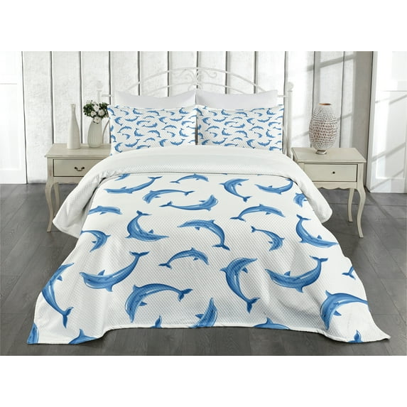 Ambesonne Dolphin Quilted Bedspread Set 3 Pcs, Wildlife Under the Sea, King Size, Blue White