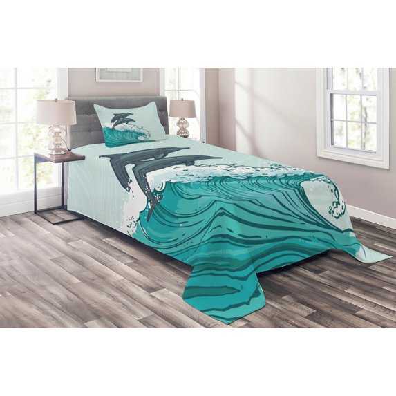 Ambesonne Dolphin Quilted Coverlet 2 Pcs, Sea Waves Sketch Art, Twin Size, Charcoal Grey Mint Teal