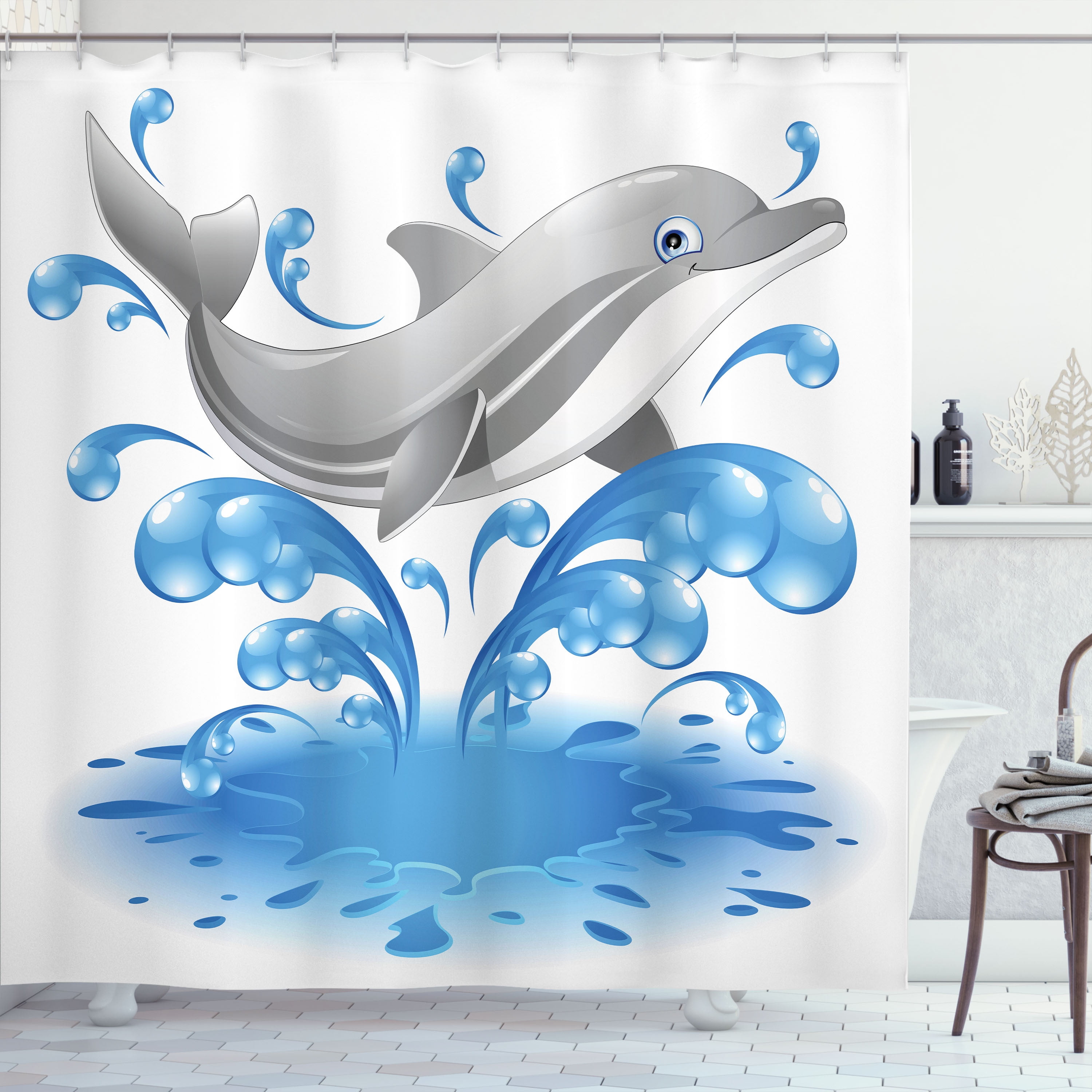 Ambesonne Dolphin Shower Curtain, Animal Sealife Cartoon, 69"Wx70"L, Blue Grey
