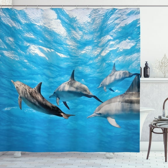 Ambesonne Dolphin Shower Curtain, Happily Swimming Fish, 69"Wx84"L, Blue Grey