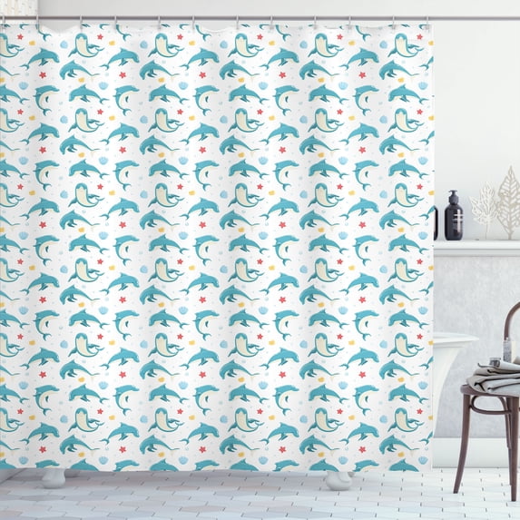 Ambesonne Dolphin Shower Curtain, Sea Animals Starfishes Art, 69"Wx70"L, Cadet Blue Dark Salmon