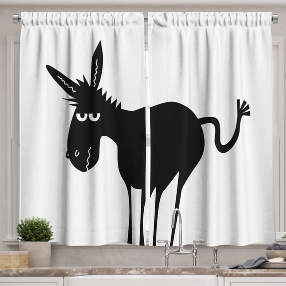 Ambesonne Donkey Kitchen Curtains, Black Fun Mascot Silhouette, 55"x39", Black and White