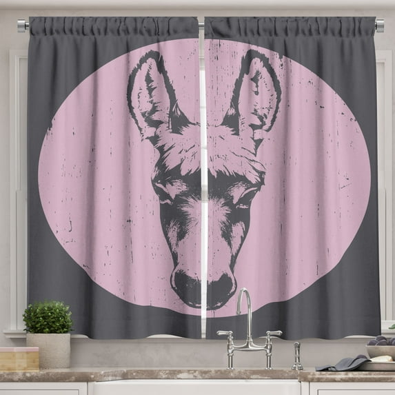 Ambesonne Donkey Kitchen Curtains, Grunge Look Animal Portrait, 55"x39", Pale Pink Grey