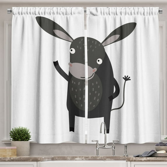Ambesonne Donkey Kitchen Curtains, Happy Donkey with a Smile, 55"x39", Charcoal Grey Pale Grey