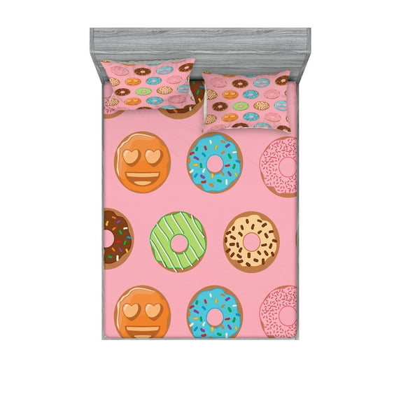 Ambesonne Donut Emoji Fitted Sheet & Pillow Sham Set, Dessert Funny Faces, Full, Pale Pink and Multicolor