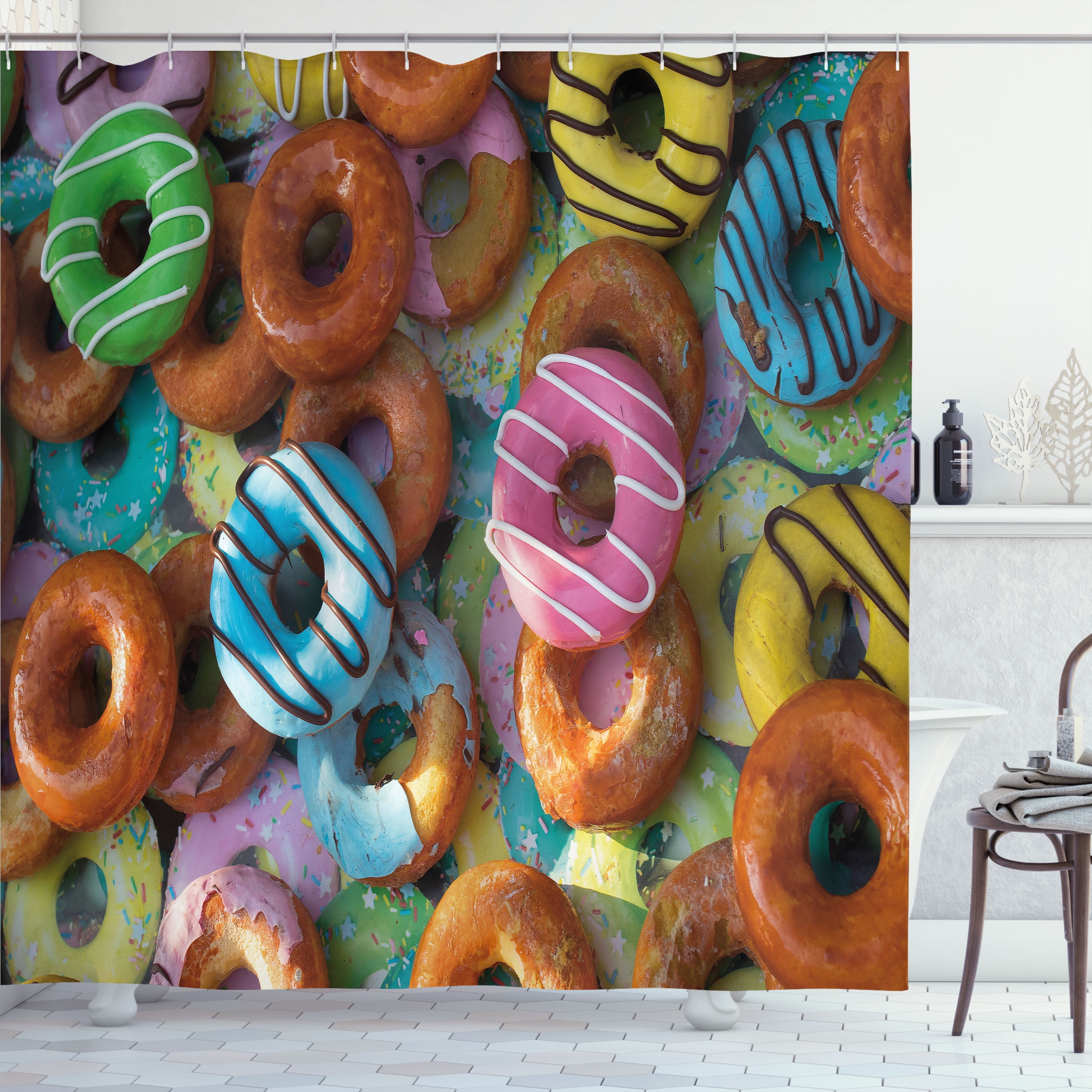 Ambesonne Donut Shower Curtain, Colorful American Doughnuts, 69"Wx75"L