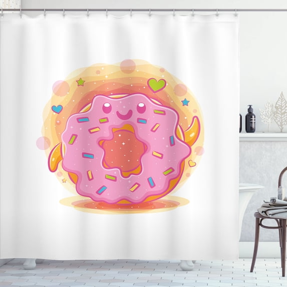 Ambesonne Donut Shower Curtain, Whimsical Doughnut Character, 69"Wx84"L, Soft Pink Peach and Sky Blue