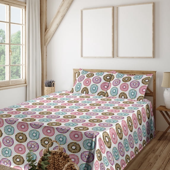 Ambesonne Donuts Fitted & Flat Sheet with Sham 3 Pcs Set, Circular Motifs Art Funny, Twin, Multicolor
