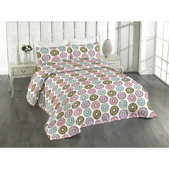 Ambesonne Donuts Quilted Bedspread Set 3 Pcs, Circular Motifs Art Funny, Queen, Multicolor
