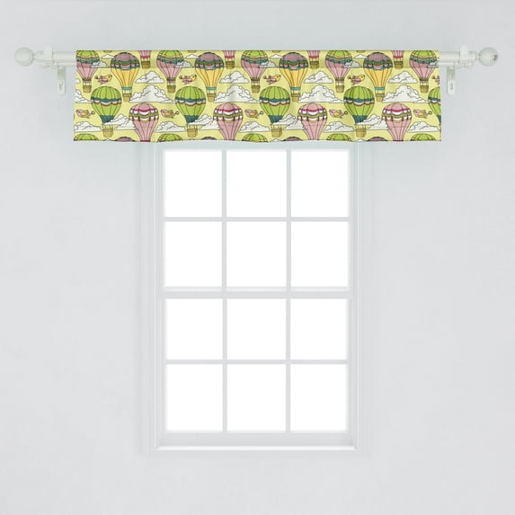 Ambesonne Doodle Window Valance, Cartoon Style Colorful Illustration of Hot Air Balloons Birds and Clouds in the Sky, Curtain Valance for Kitchen Bedroom Decor with Rod Pocket, 54" X 12", Multicolor