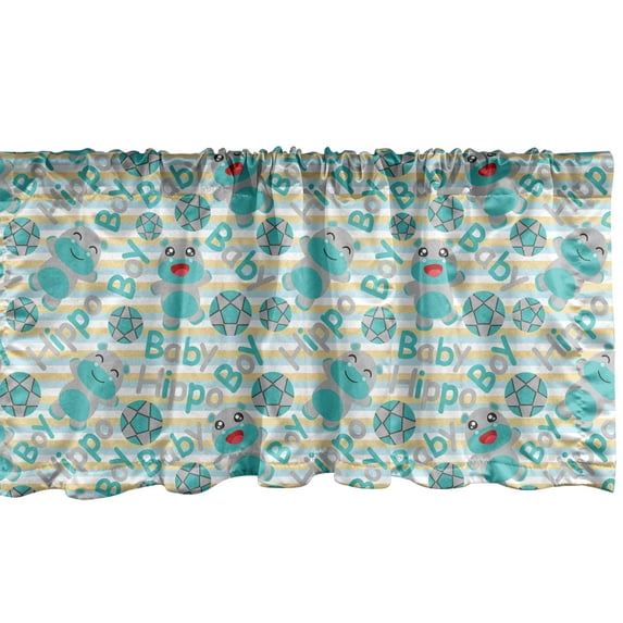 Ambesonne Doodle Window Valance, Cartoon Style Hippo Boy and Balls on Pastel Colored Striped Background Funny Animal, Curtain Valance for Kitchen Bedroom Decor with Rod Pocket, 54" X 12", Multicolor