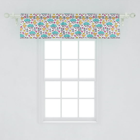 Ambesonne Doodle Window Valance, Characters of Fox Crown Flowers Clouds and Hearts, Curtain Valance for Kitchen Bedroom Decor with Rod Pocket, 54" X 12", Multicolor