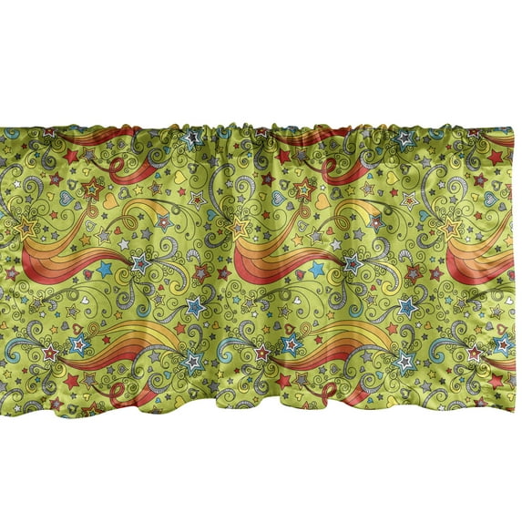Ambesonne Doodle Window Valance, Continuous Stars Rainbows Stripes Curly Ornaments Colorful Pattern, Curtain Valance for Kitchen Bedroom Decor with Rod Pocket, 54" X 18", Apple Green and Multicolor