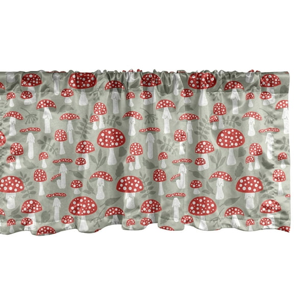 Ambesonne Doodle Window Valance, Poisonous Amanita Mushroom Pattern with Foliage and Berry Silhouettes, Curtain Valance for Kitchen Bedroom Decor with Rod Pocket, 54" X 12", Pale Sage Green White