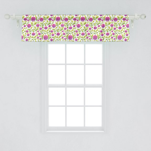 Ambesonne Doodle Window Valance, Summer Field Wild Flowers Pattern Sketch Artwork, Curtain Valance for Kitchen Bedroom Decor with Rod Pocket, 54" X 12", Apple Green Fuchsia