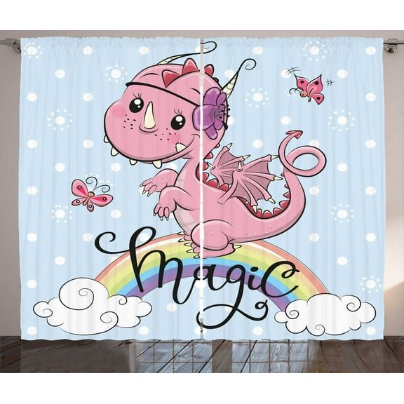 Ambesonne Dragon Curtains 2 Panel Set, Magic Dragon on a Rainbow, 108" x 63", Pale Blue Multicolor