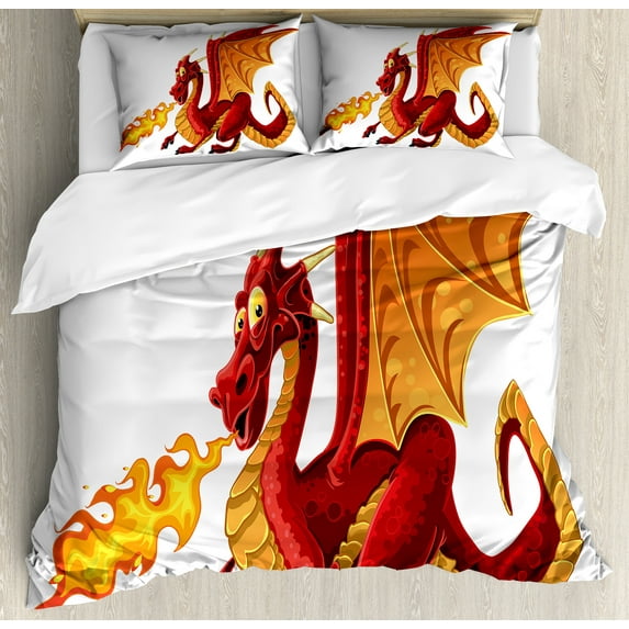 Ambesonne Dragon Duvet Cover Sets, Funny Mascot Cartoon, 2-Queen, Orange Red