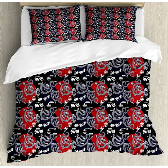 Ambesonne Dragon Duvet Cover Sets, Japan Art Curving Tails, 2-Queen, Charcoal Grey Indigo