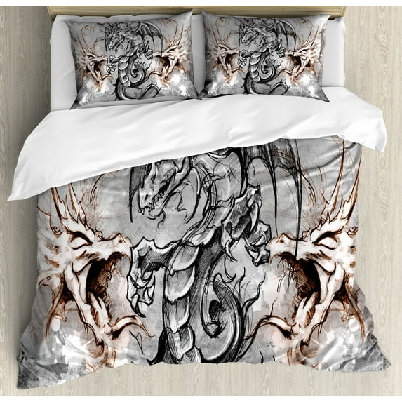 Ambesonne Dragon Duvet Cover Sets, Scary Creature Sketch, 2-King, Grey Umber