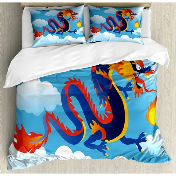 Ambesonne Dragon Duvet Cover Sets, Surreal Folk Tale Art, 2-King, Sky Blue Orange Indigo