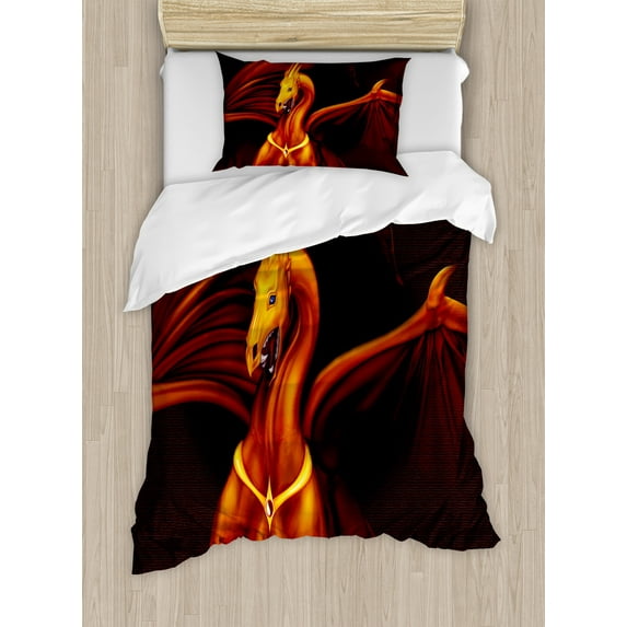 Ambesonne Dragon Duvet Cover Sets, Tricorn Art, 2-Twin, Burgundy Dark Orange