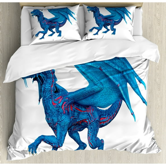 Ambesonne Dragon Duvet Cover Sets, Wild Creature with Wings, 2-King, Dark Coral Sea Blue