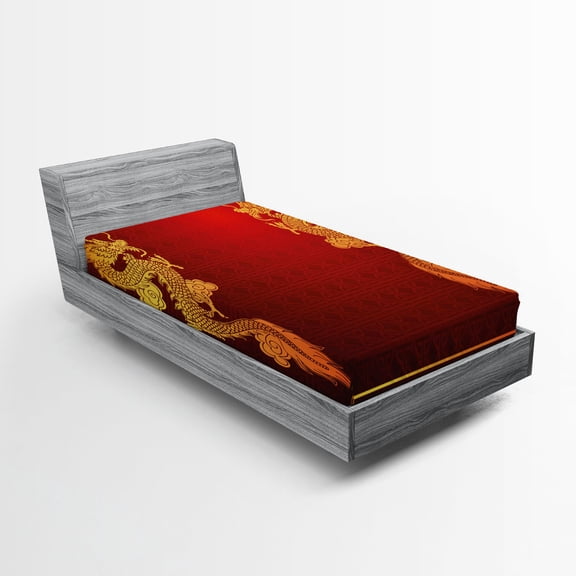 Ambesonne Dragon Fitted Sheet 2 Pcs Set, Historic Creature, Twin, Orange Yellow