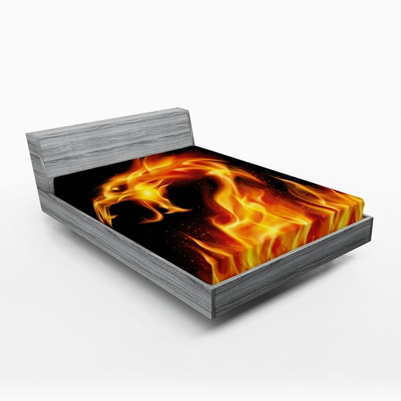 Ambesonne Dragon Fitted Sheet, Abstract Fiery Creature, Full Size, Orange Black