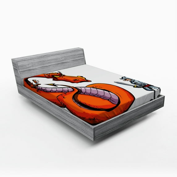 Ambesonne Dragon Fitted Sheet, Cartoon Knight Sketch, Full Size, Multicolor