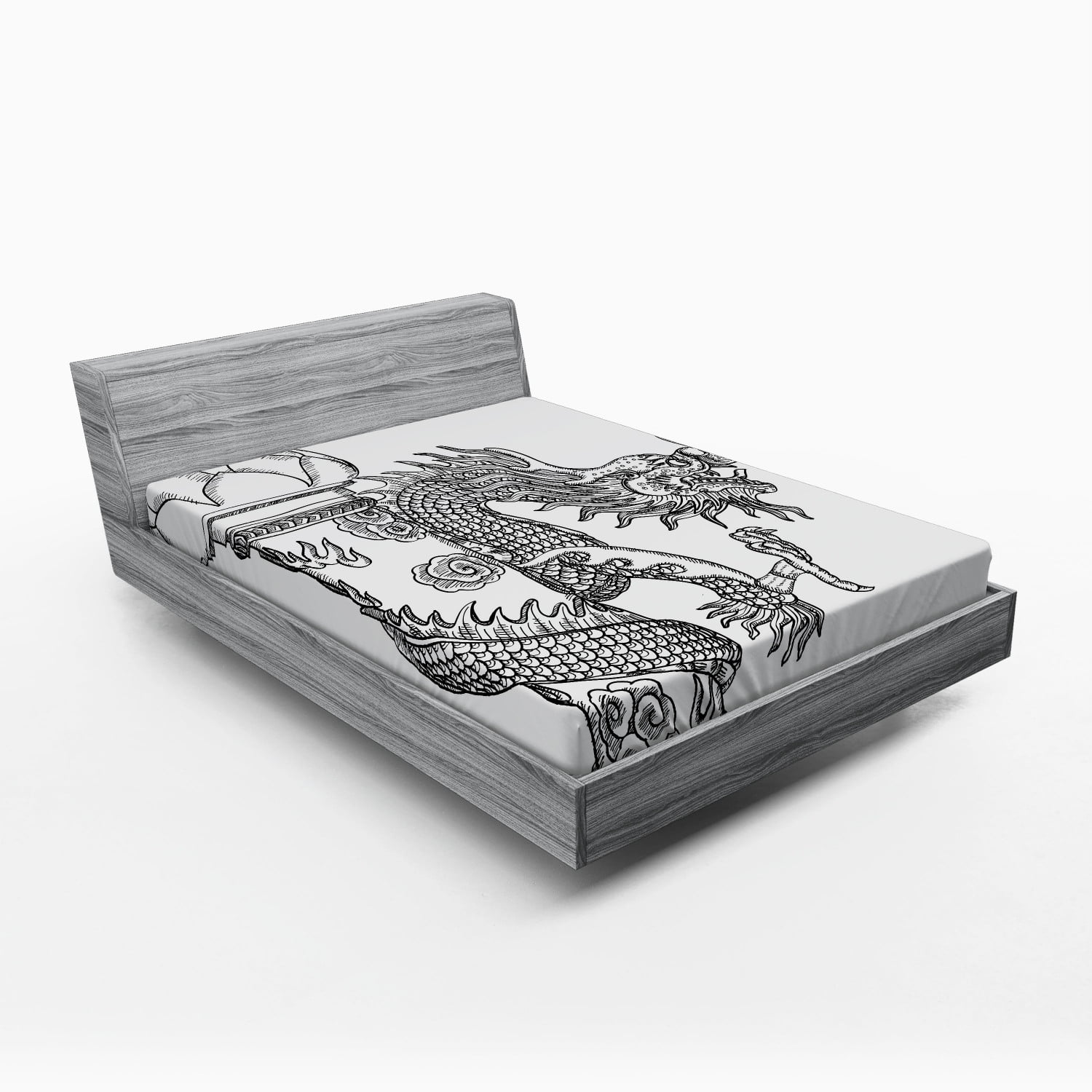 Ambesonne Dragon Fitted Sheet, Chinese Creature, Queen Size, Black