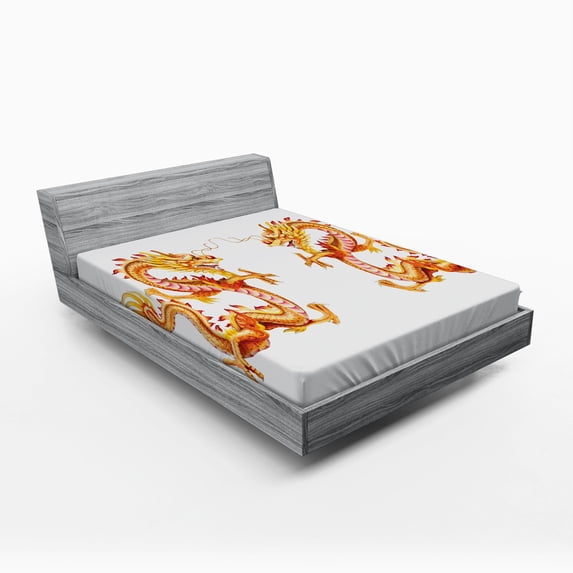 Ambesonne Dragon Fitted Sheet, Chinese Philosophy, Queen Size, Vermilion Yellow