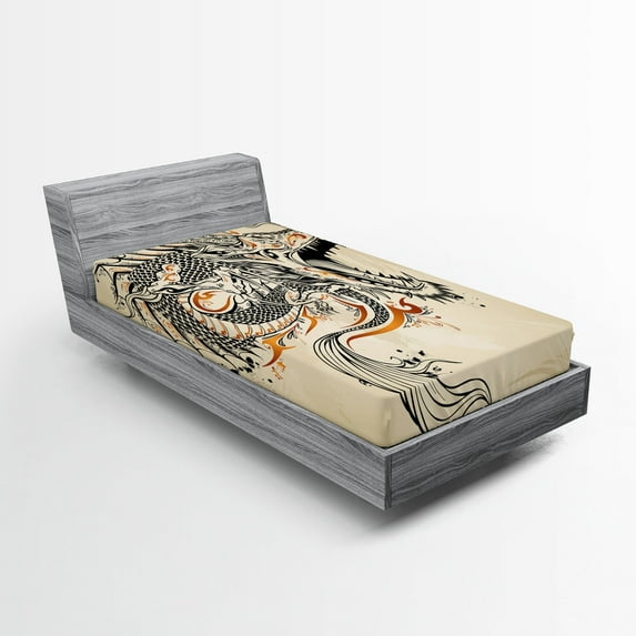 Ambesonne Dragon Fitted Sheet, Doodle Creature, Twin Size, Beige Ginger Black