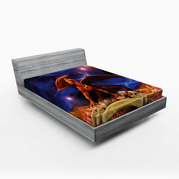 Ambesonne Dragon Fitted Sheet, Dragon Knight Cosmos, Queen Size, Blue Cinnamon