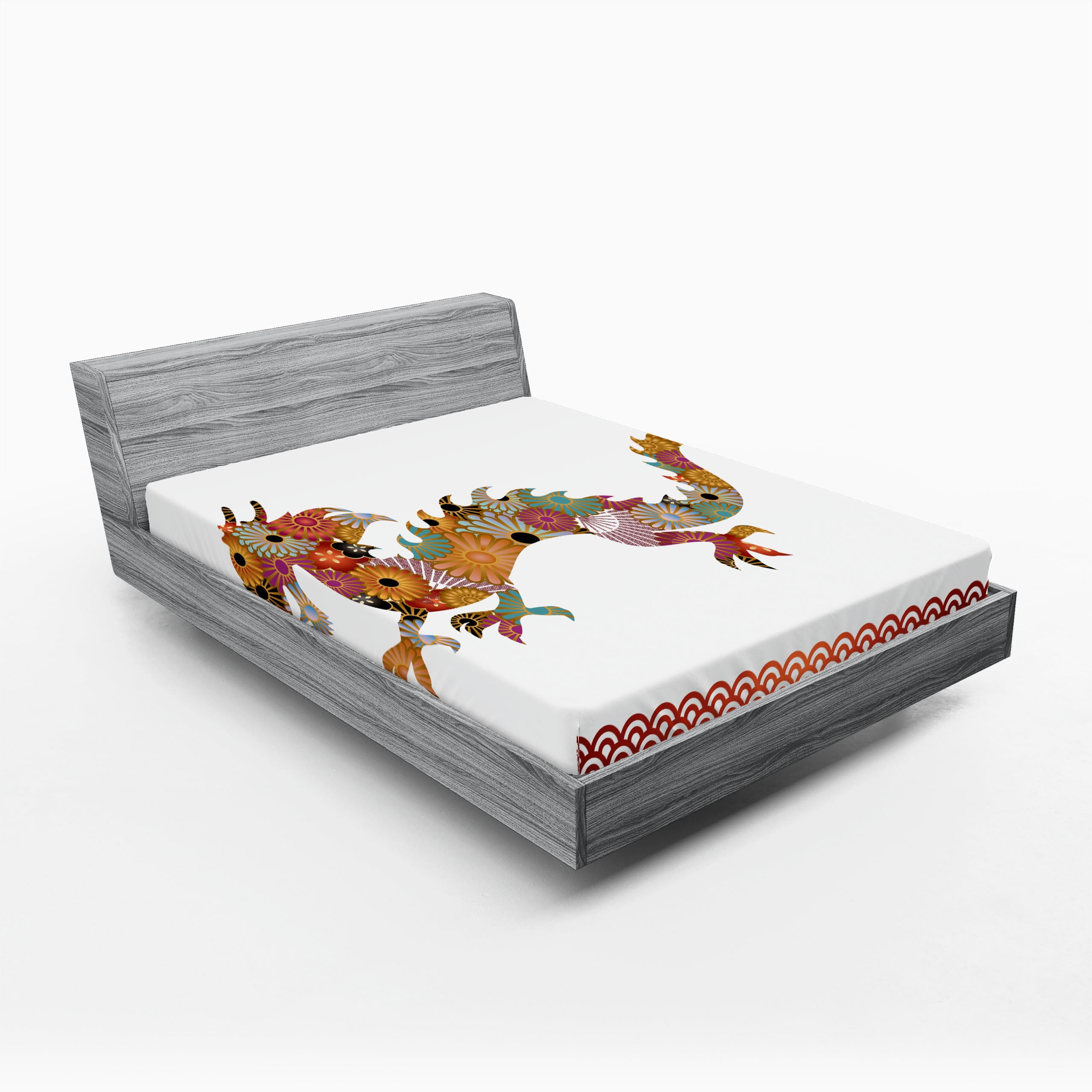 Ambesonne Dragon Fitted Sheet, Floral Ornate Folk Body, Queen Size