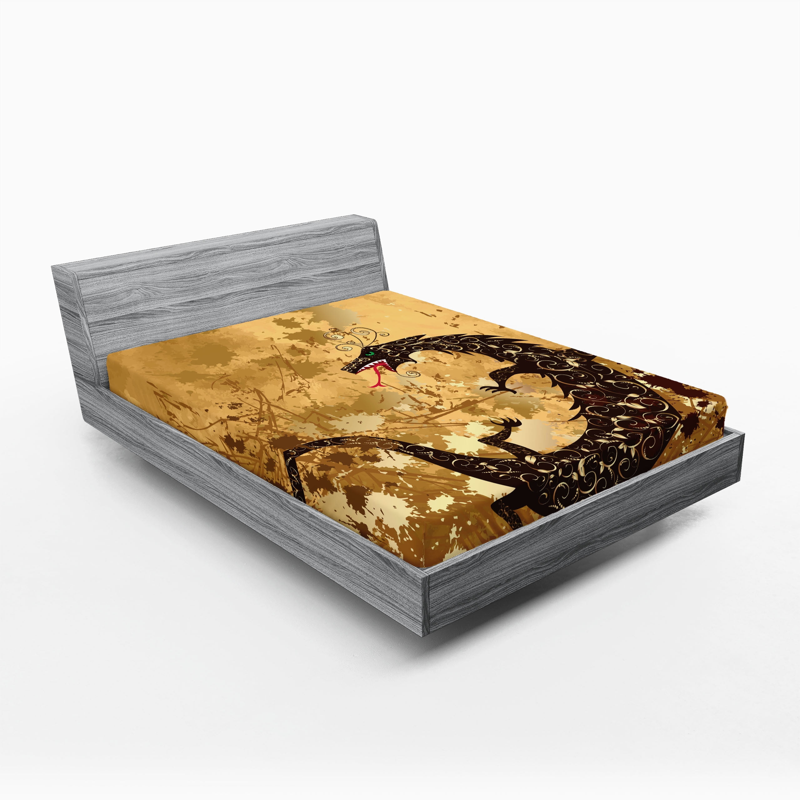 Ambesonne Dragon Fitted Sheet, Grunge Floral, Queen Size, Pale Caramel