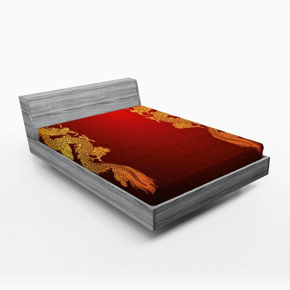 Ambesonne Dragon Fitted Sheet, Historic Creature, Queen Size, Orange Yellow