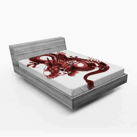 Ambesonne Dragon Fitted Sheet, Japanese Noble Monster, Queen Size, Pale Pink and Burgundy