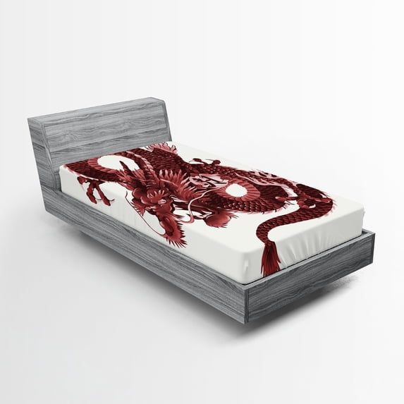 Ambesonne Dragon Fitted Sheet, Japanese Noble Monster, Twin Size, Pale Pink and Burgundy