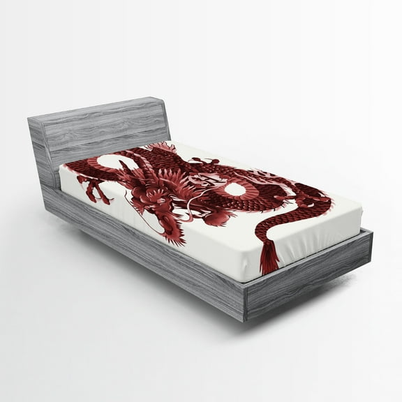 Ambesonne Dragon Fitted Sheet, Japanese Noble Monster, Twin XL Size, Pale Pink and Burgundy