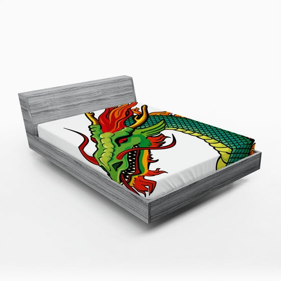 Ambesonne Dragon Fitted Sheet, Monster Portrait Fantasy, Queen Size, Fern Green Orange Red